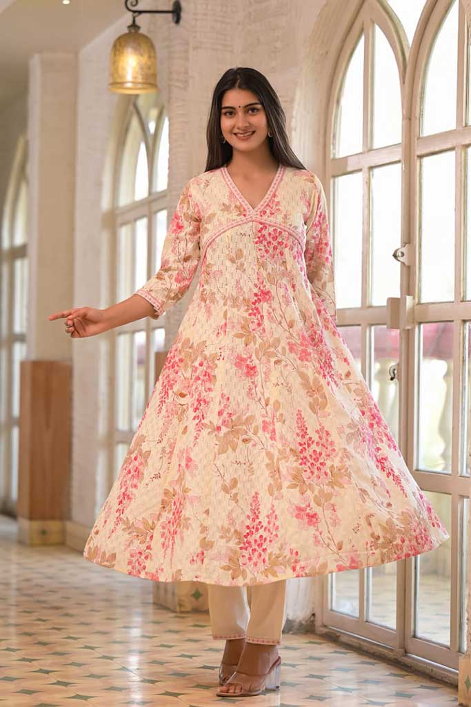 White & deep pink Cotton Print Set with Dupatta