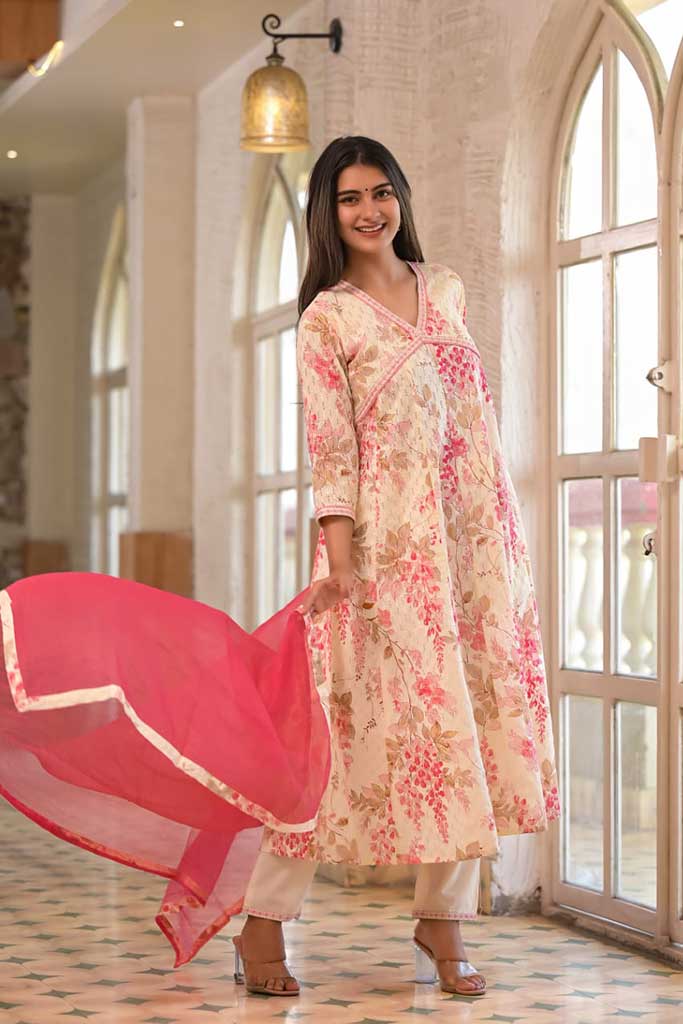 White & deep pink Cotton Print Set with Dupatta