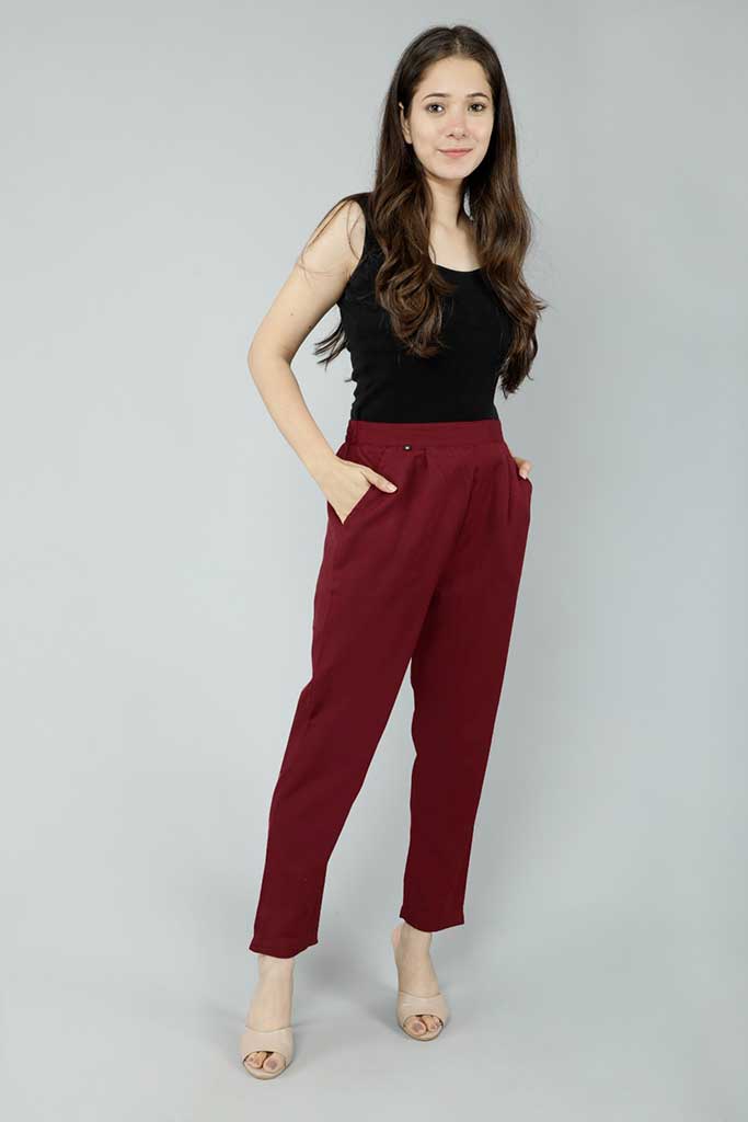 Solid Red Cotton Fabric Pants