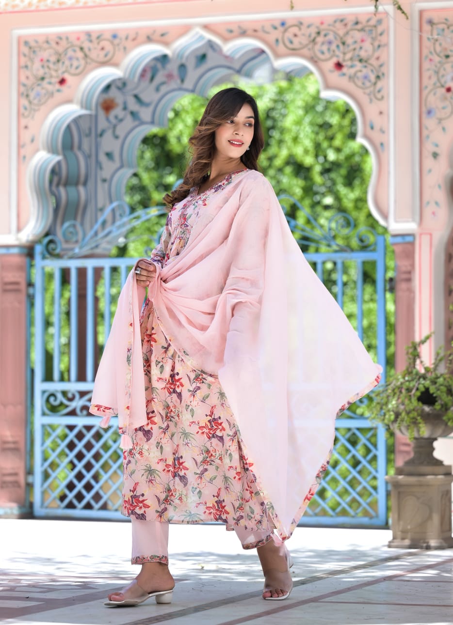 Light and Breezy Pink Floral Anarkali Kurta Pant Set With Dupatta