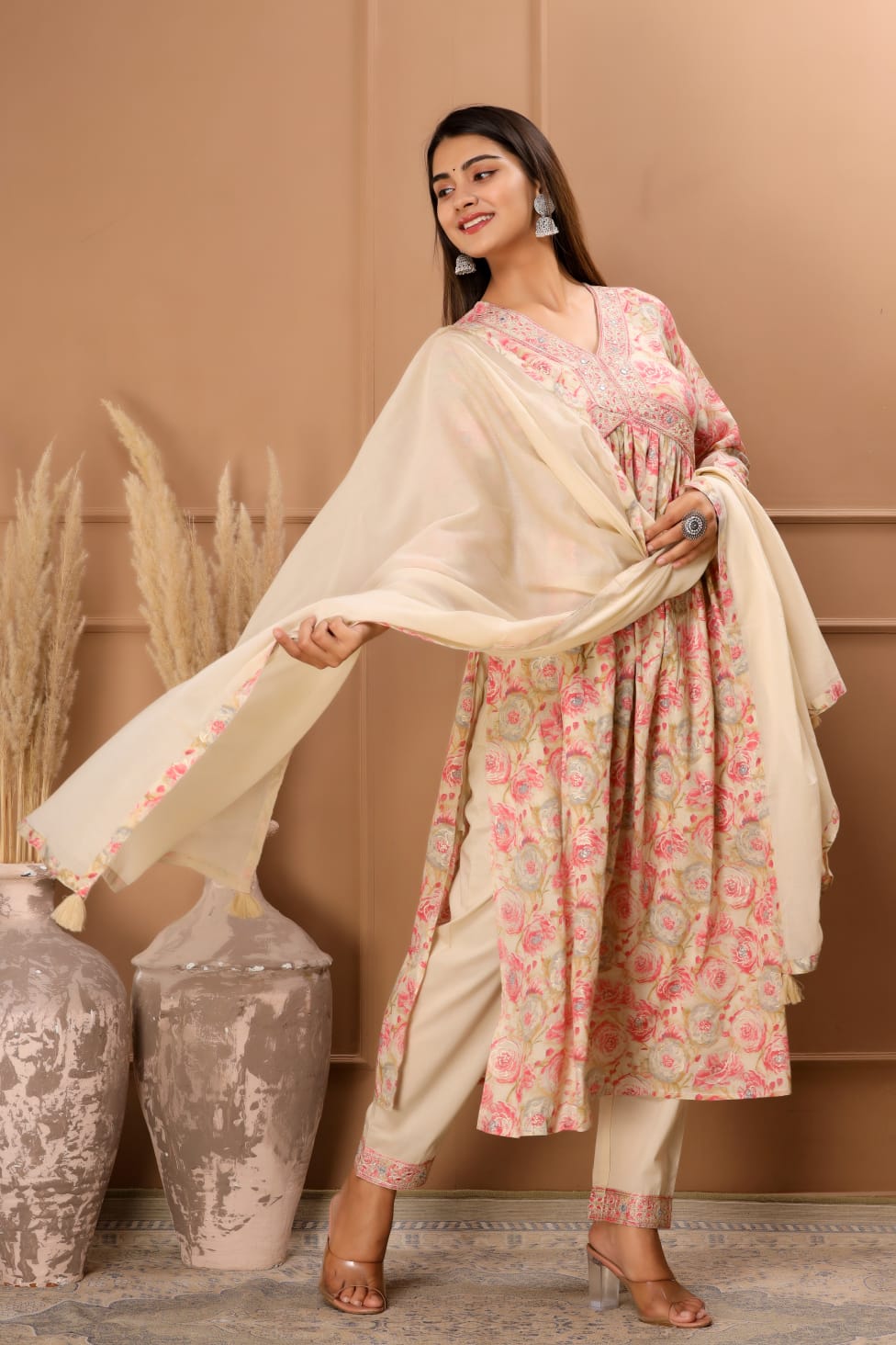 Cream Floral Anarkali Kurta Pant Set With Dupatta