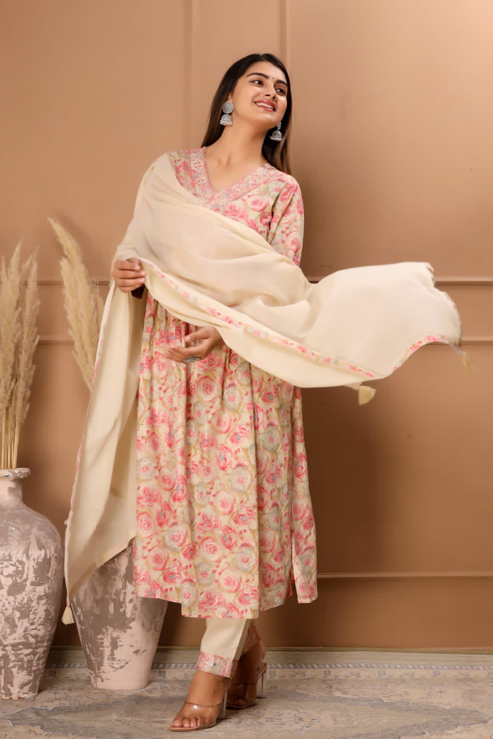 Cream Floral Anarkali Kurta Pant Set With Dupatta