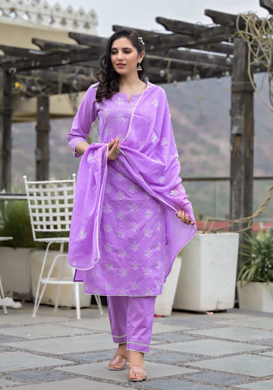Purple White Aari work Suit Set With Dupatta