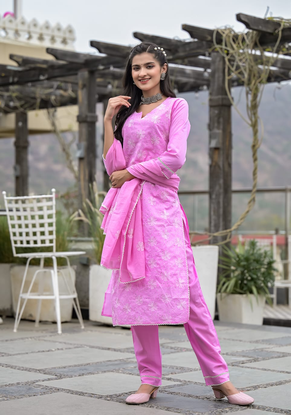 Pink White Aari work Suit Set With Dupatta