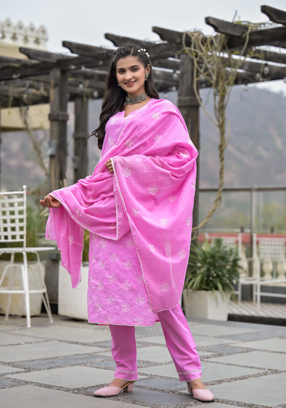 Pink White Aari work Suit Set With Dupatta