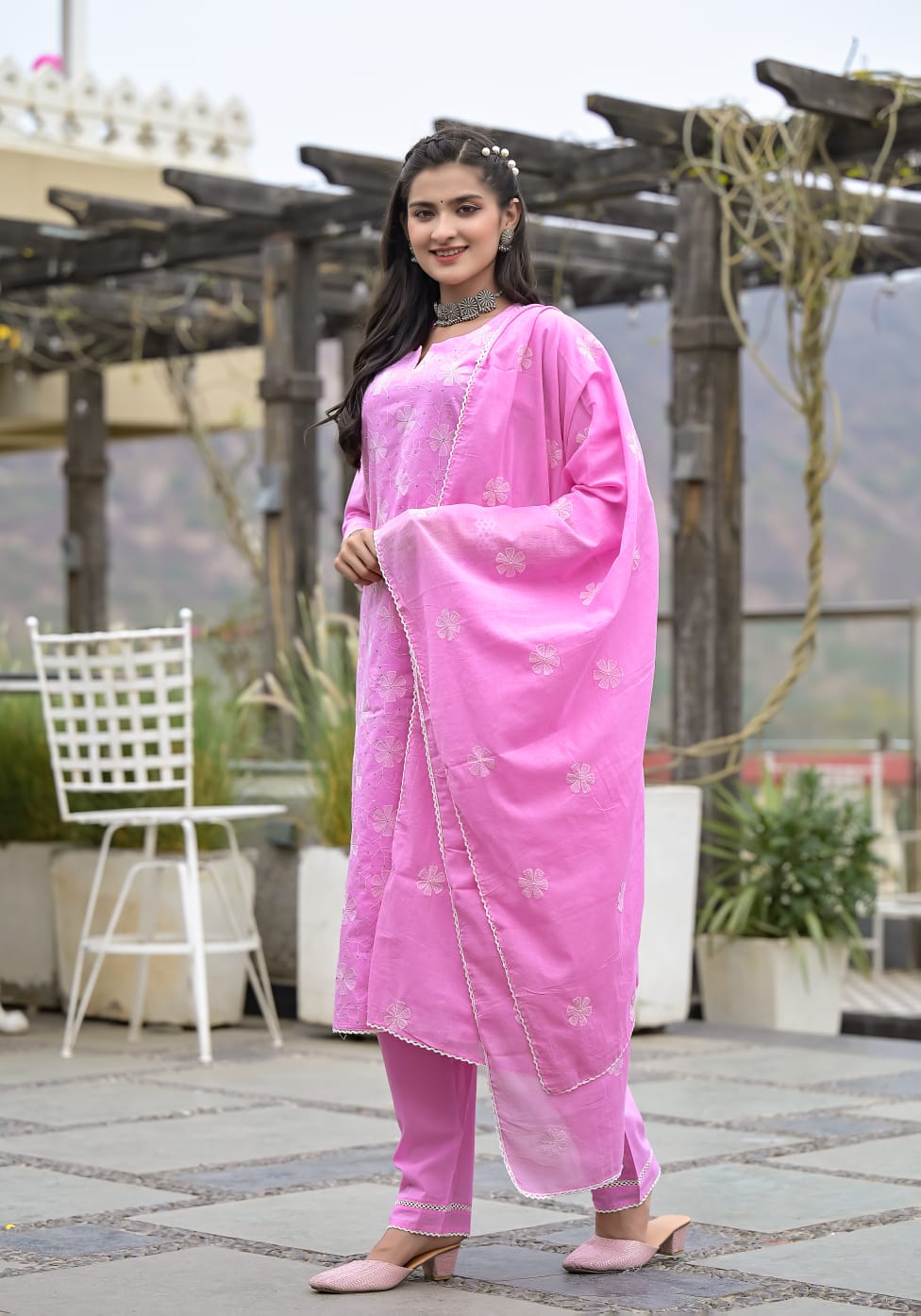 Pink White Aari work Suit Set With Dupatta