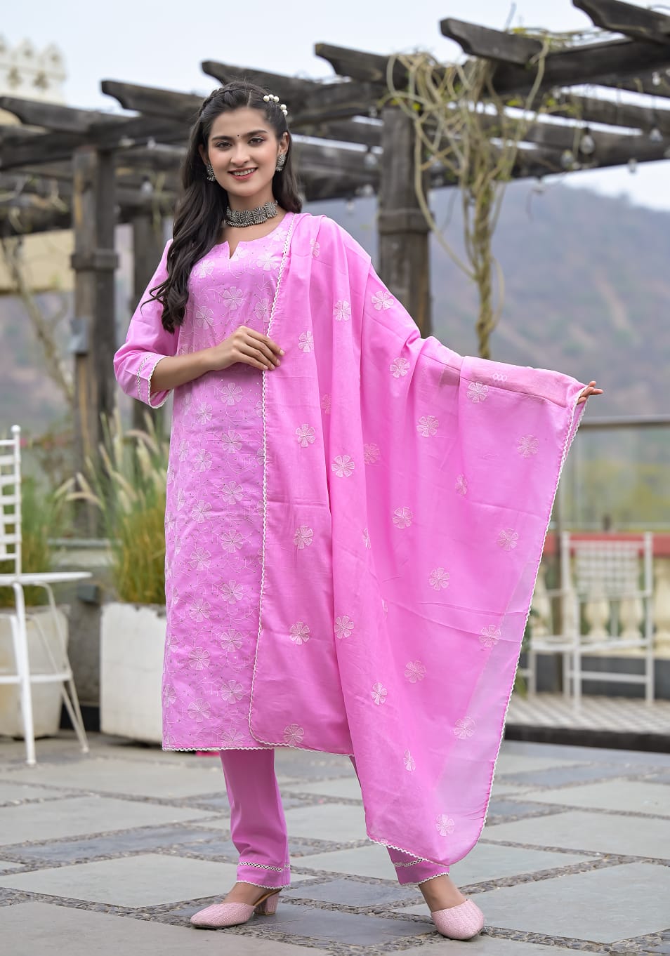 Pink White Aari work Suit Set With Dupatta