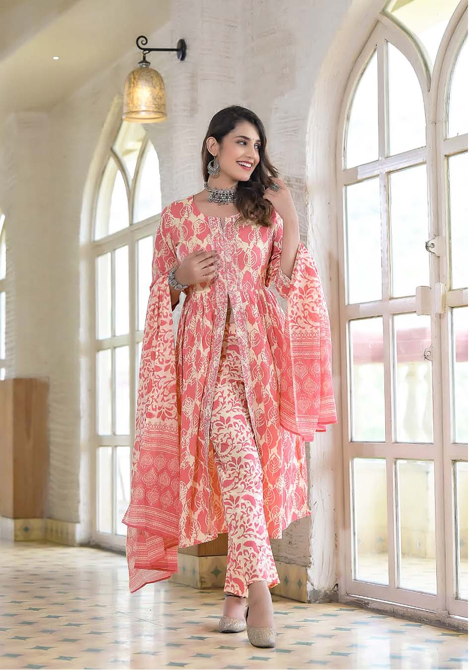 Pink & Cream Front Open Print Kurta Pant Set With Dupatta