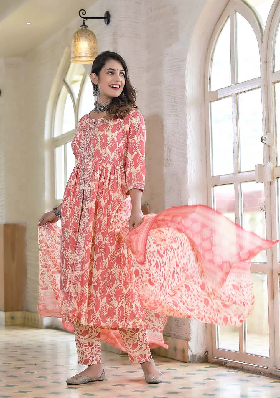 Pink & Cream Front Open Print Kurta Pant Set With Dupatta