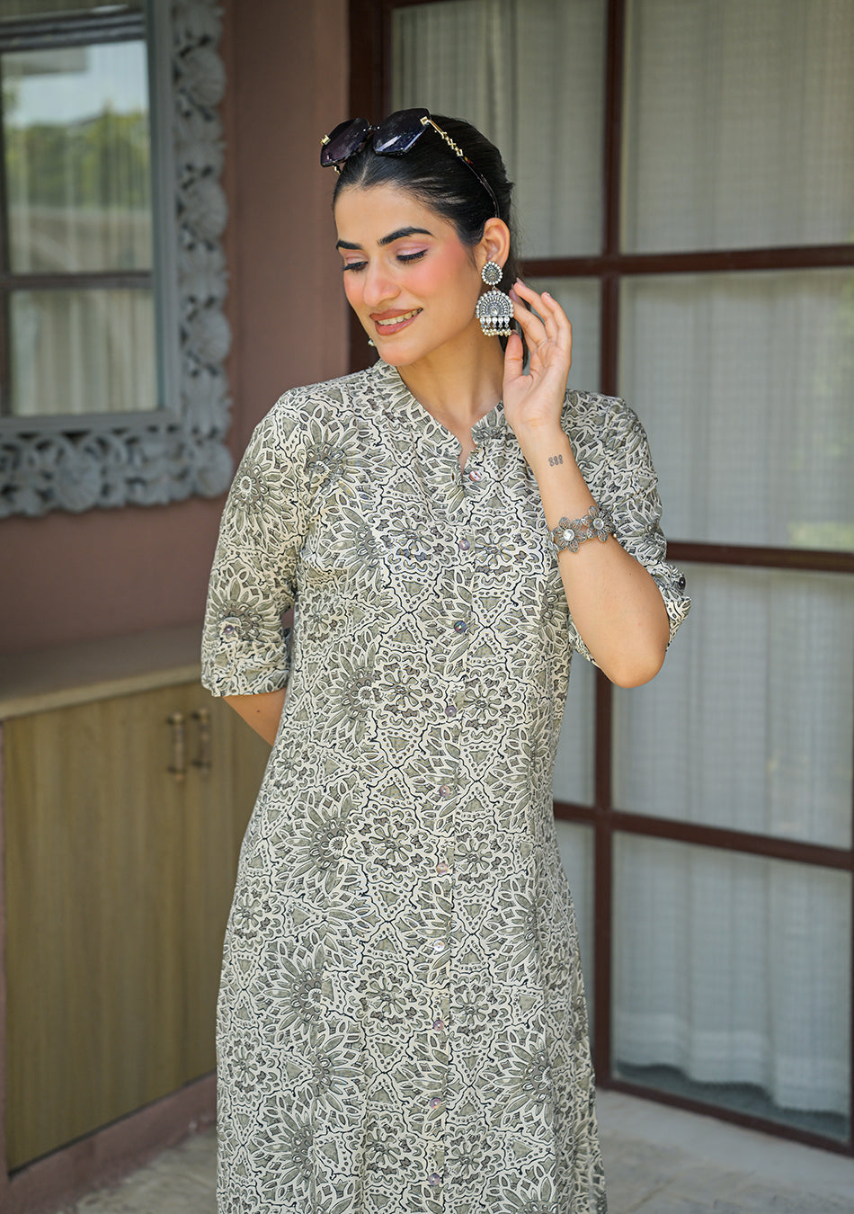 Aravalii Charcoal Floral A-Line Kurta