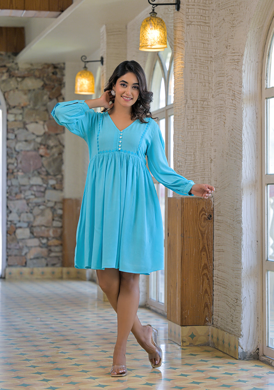 Aqua Mist Crickled Empire Dress