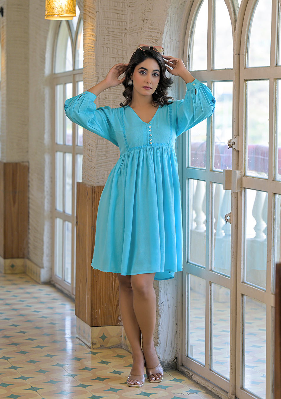 Aqua Mist Crickled Empire Dress