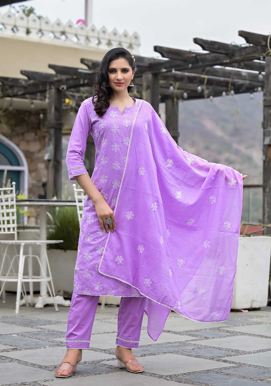 Purple White Aari work Suit Set With Dupatta