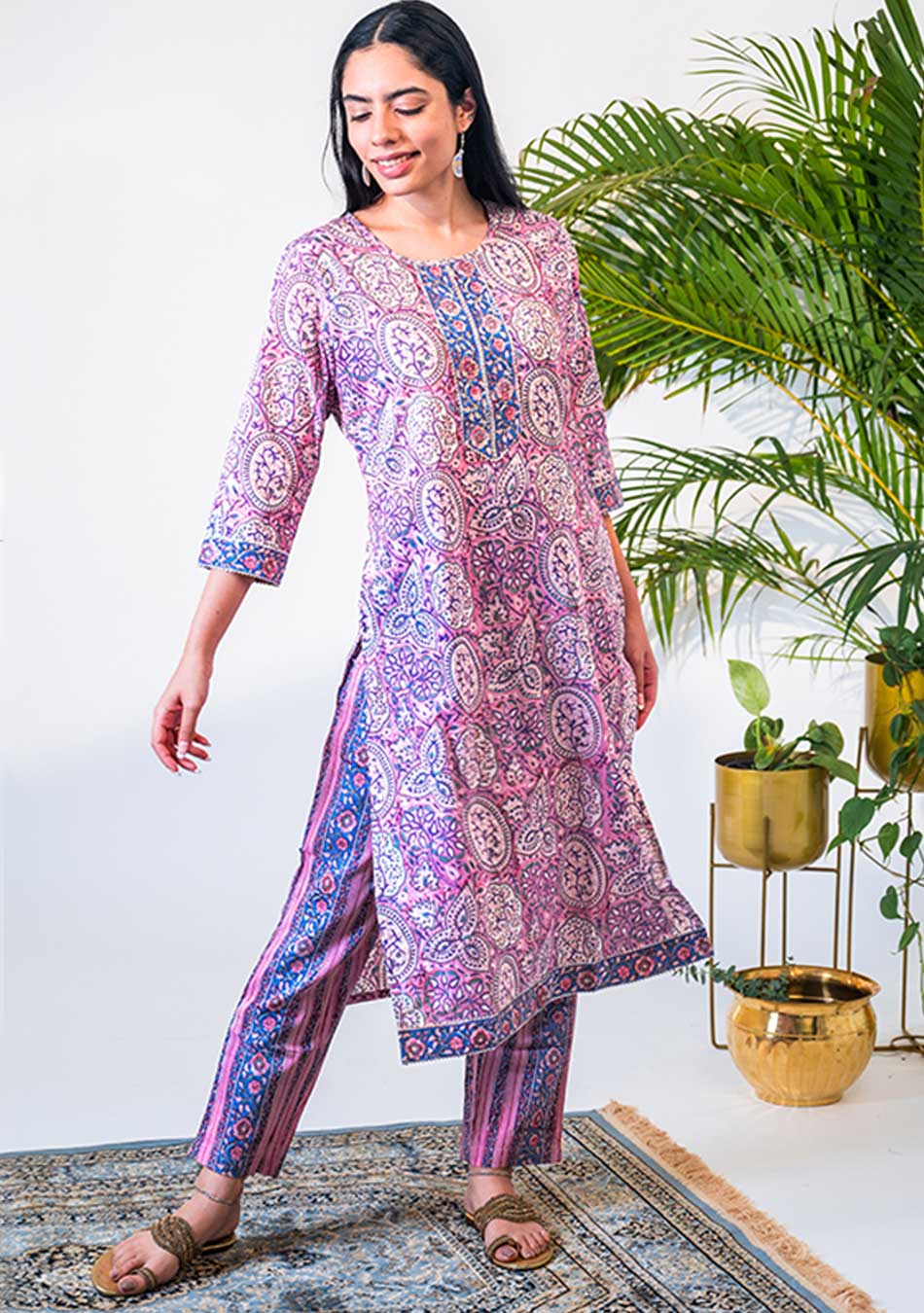 Radial Design Hand-Block Printed Pink Kurta & Pant Set