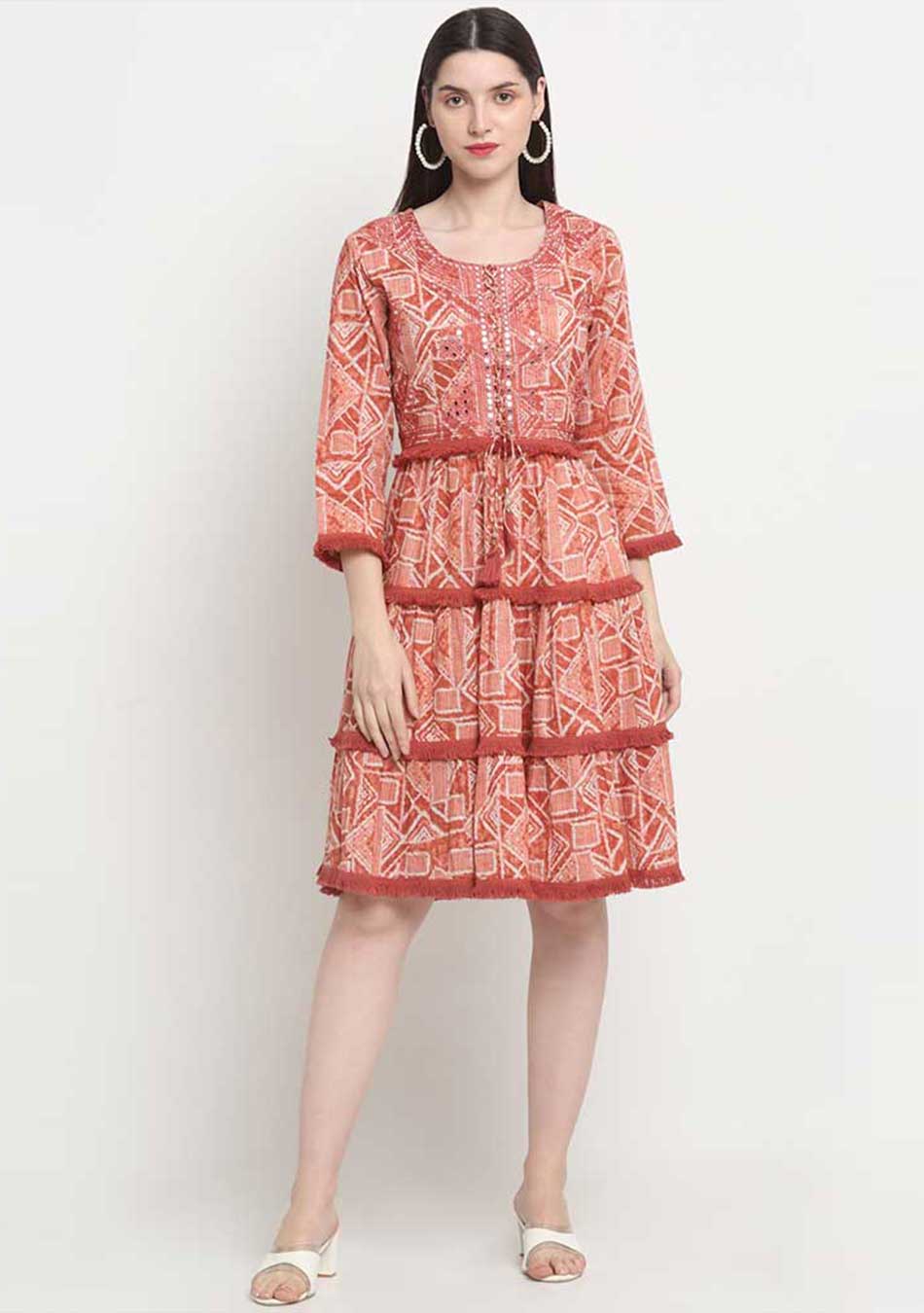 Red and white cotton dress Aravalii