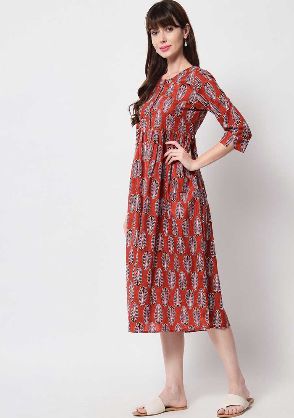 Red Leaf Motif Maxi Dress