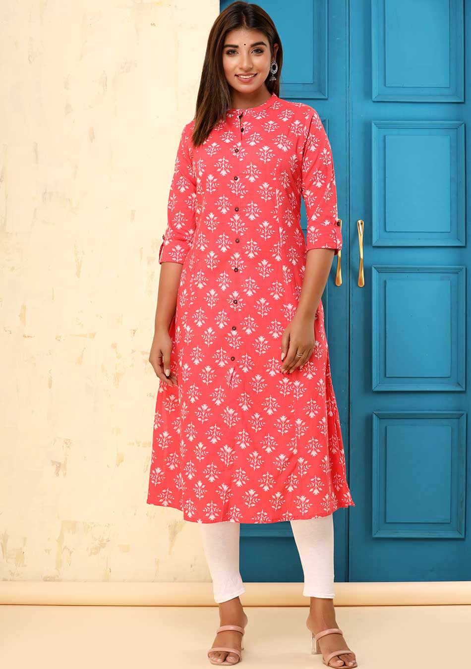 Red & White Floral Print Kurta