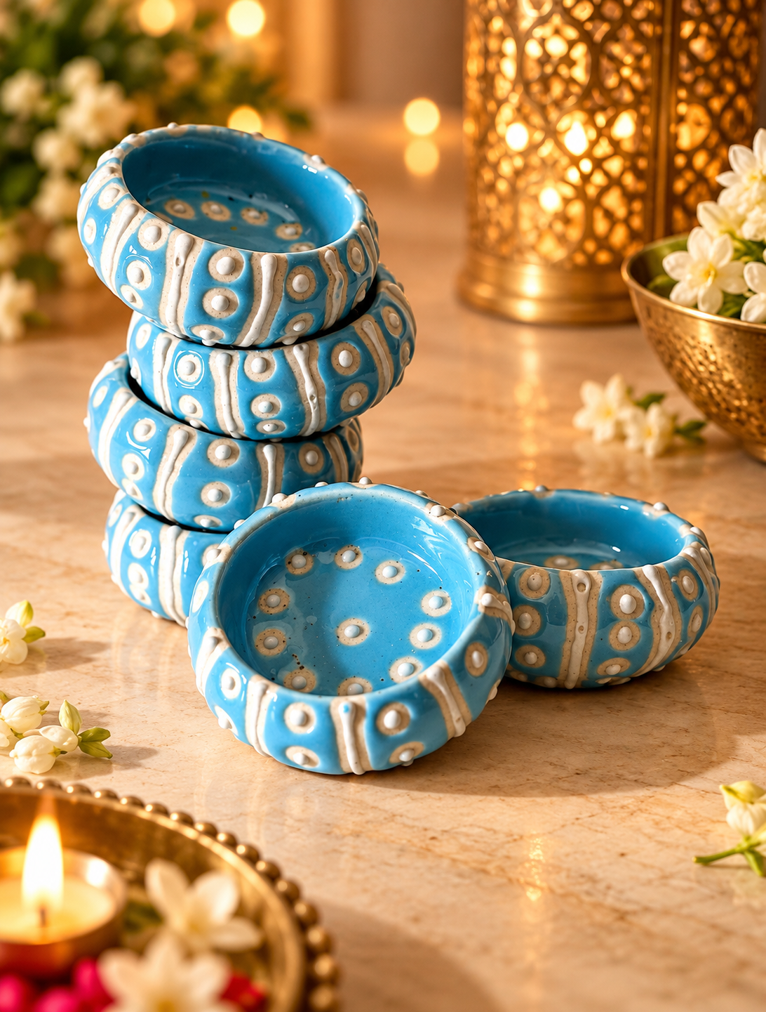 sky blue hand painted Diya Set of 6