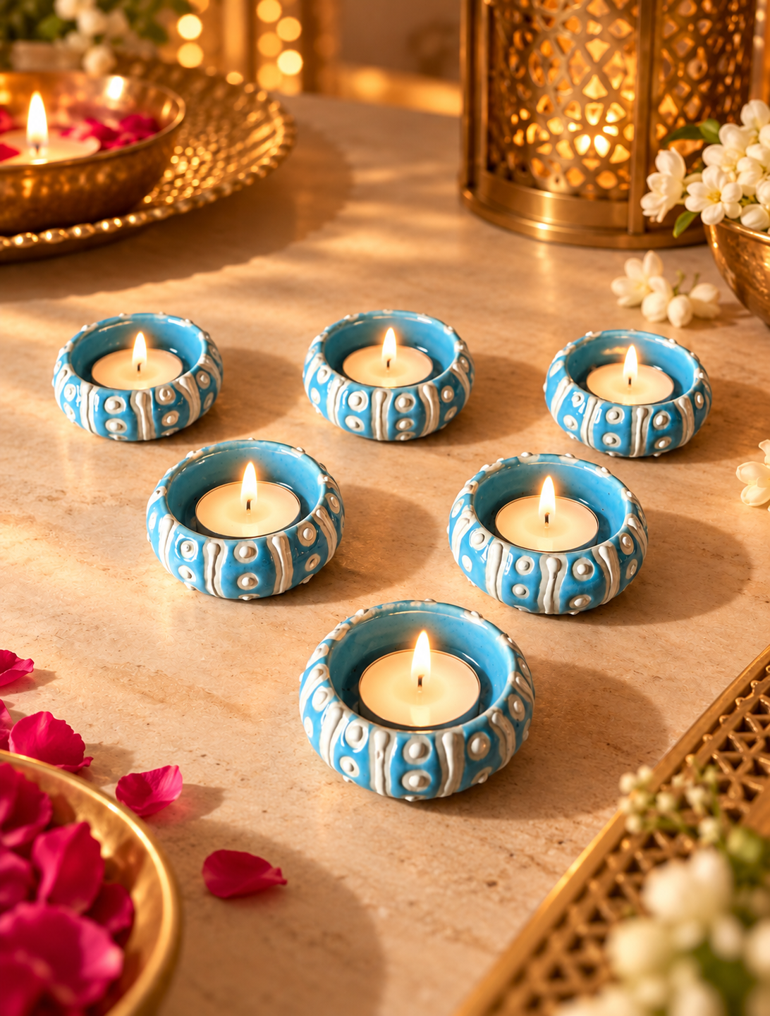 sky blue hand painted Diya Set of 6