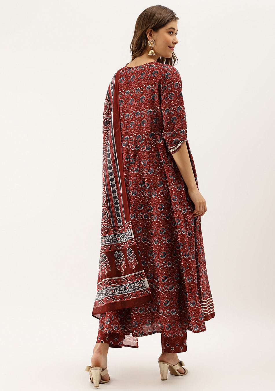 Burgundy Floral Cotton Anarkali Set