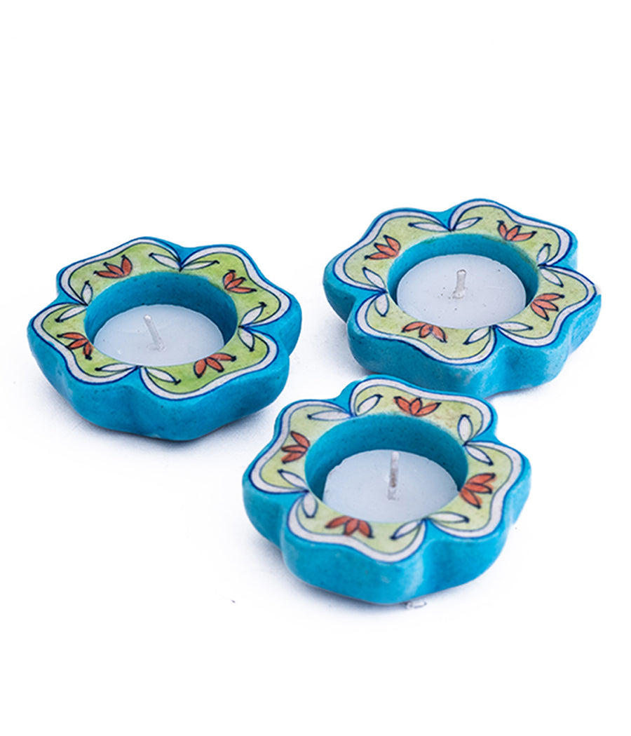 Blue Pottery Handmade Decorative Flower Diyas |set of 4