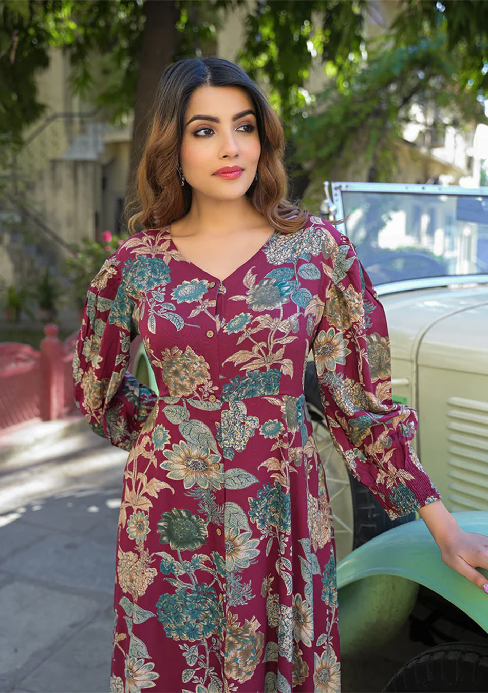 Maroon Floral Print Rayon Fabric Flared Long Dress