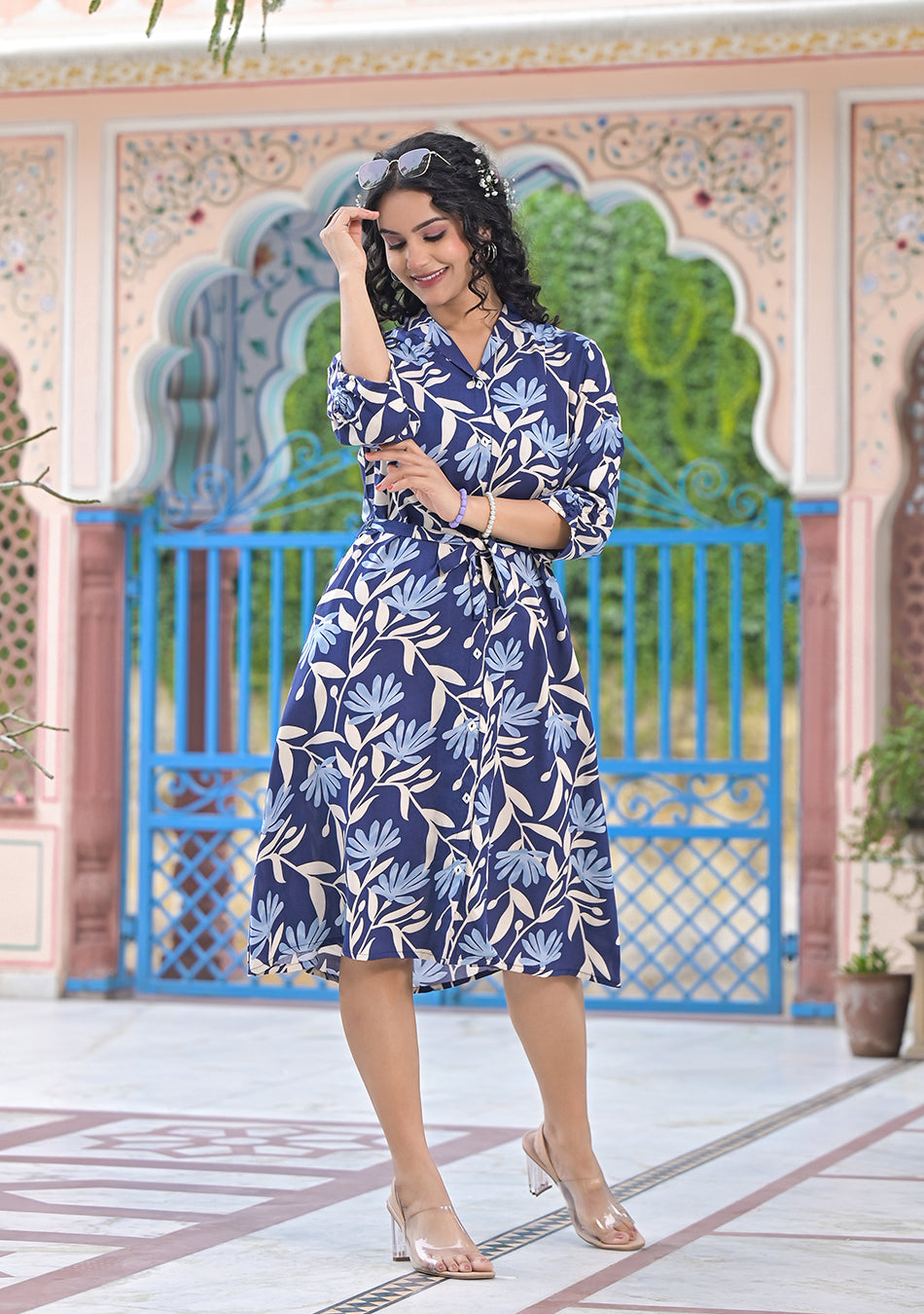 Azure Botanical Midi Dress
