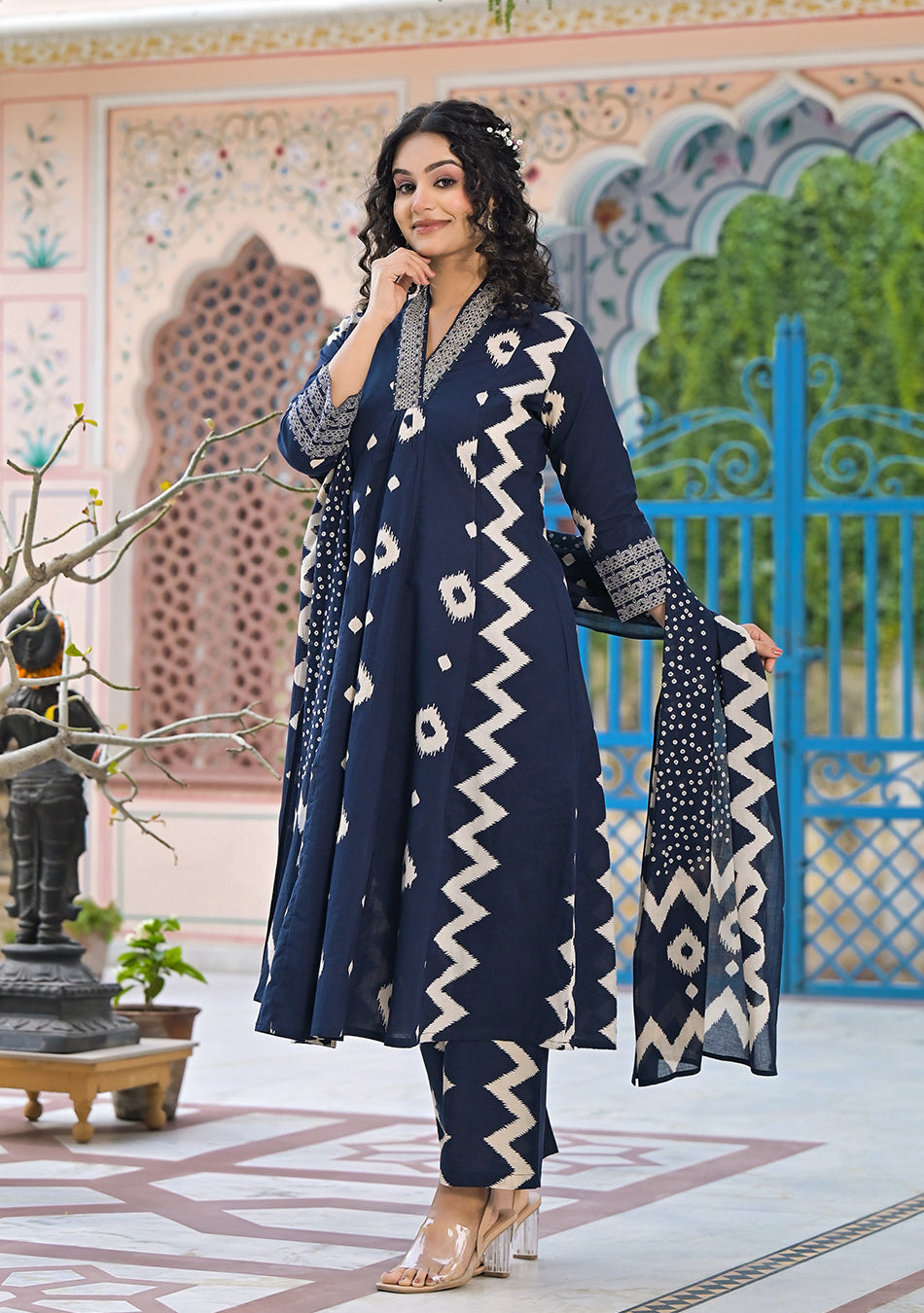 Blue Ikkat Kurta Pant Set with Dupatta