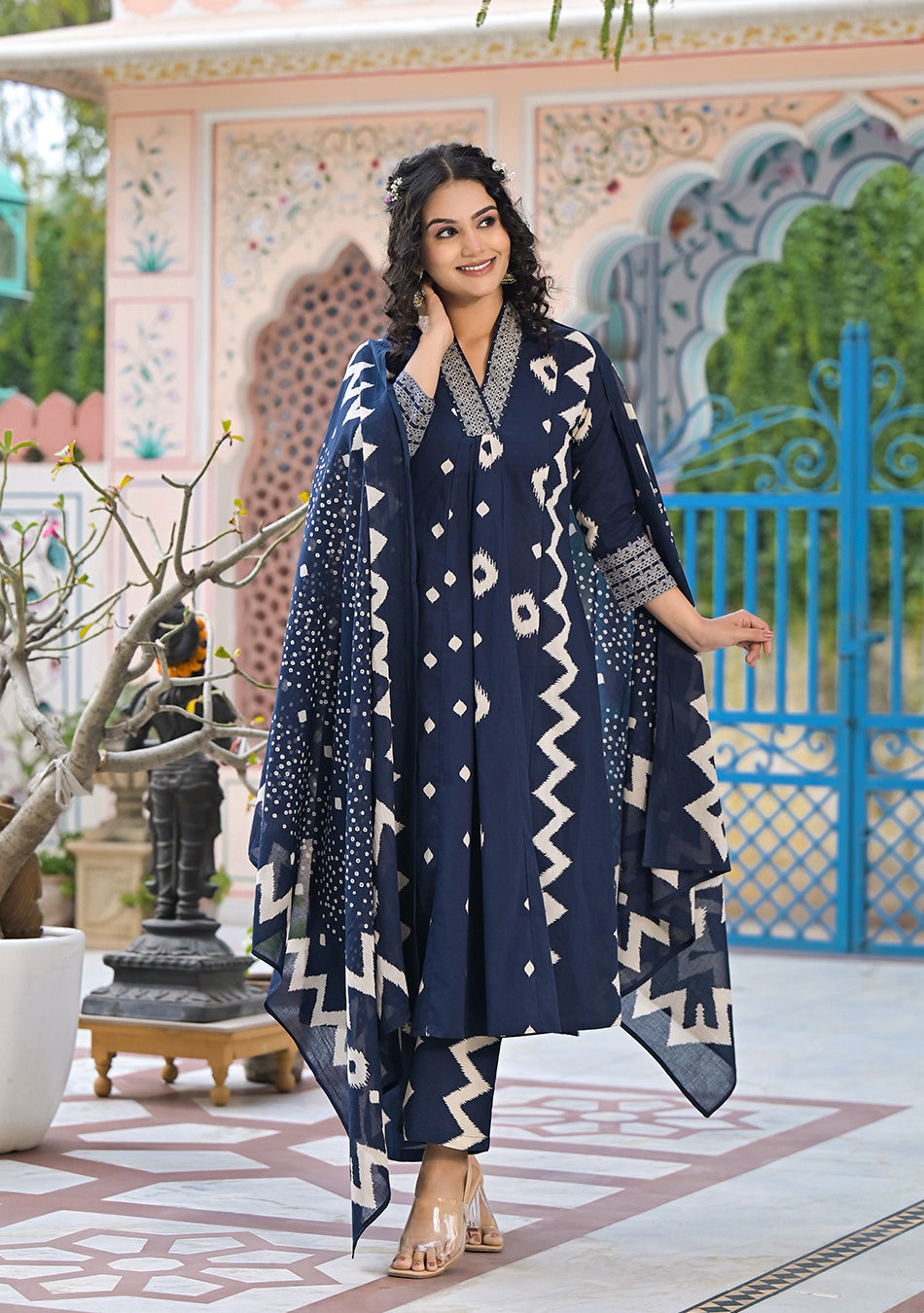 Blue Ikkat Kurta Pant Set with Dupatta