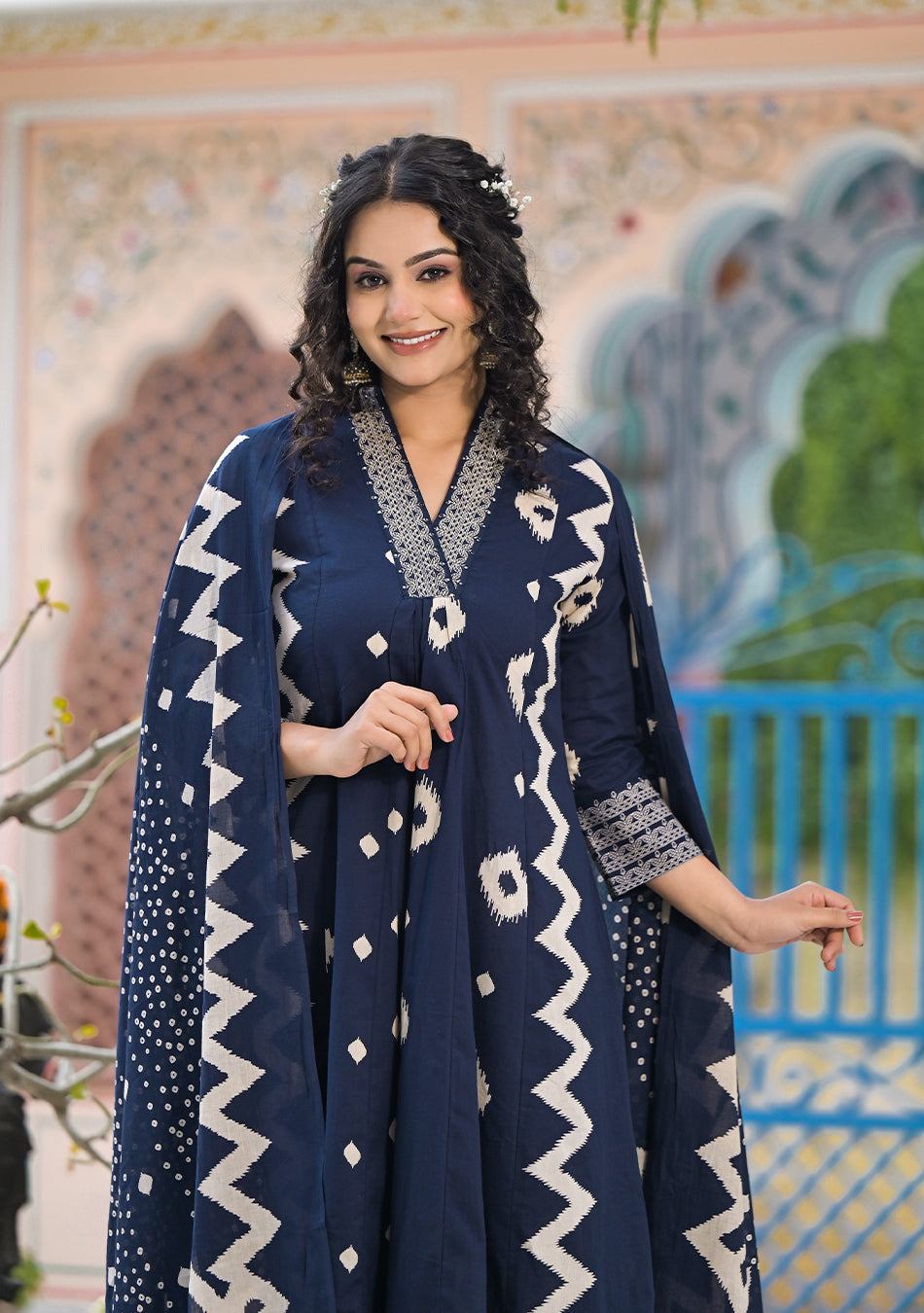 Blue Ikkat Kurta Pant Set with Dupatta