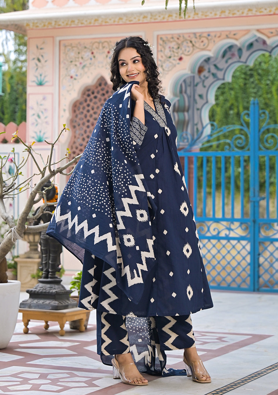 Blue Ikkat Kurta Pant Set with Dupatta