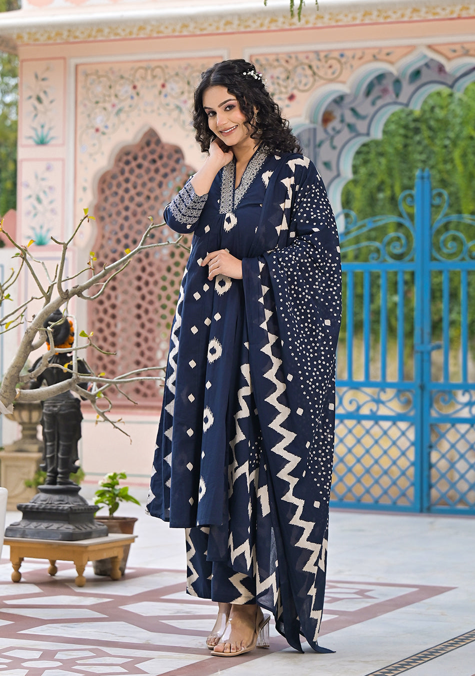 Blue Ikkat Kurta Pant Set with Dupatta