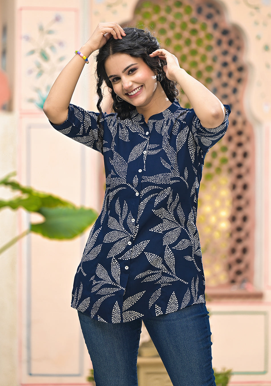 Navy Leafy Shirt Style Top