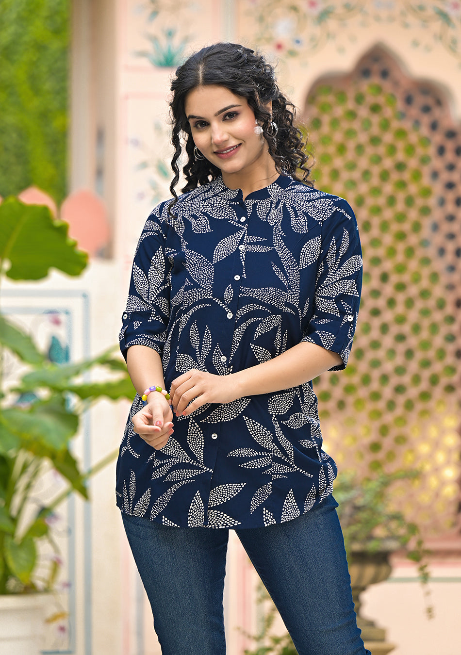 Navy Leafy Shirt Style Top