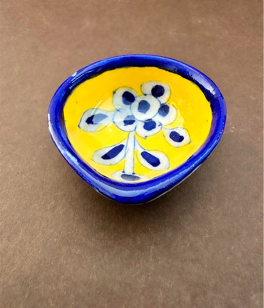 Blue Pottery Yellow Diya With Blue Flower - Set of 6