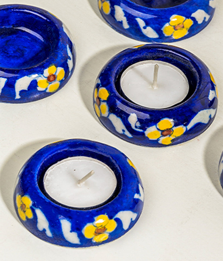 Blue Pottery Navy Floral Diya - Set of 6