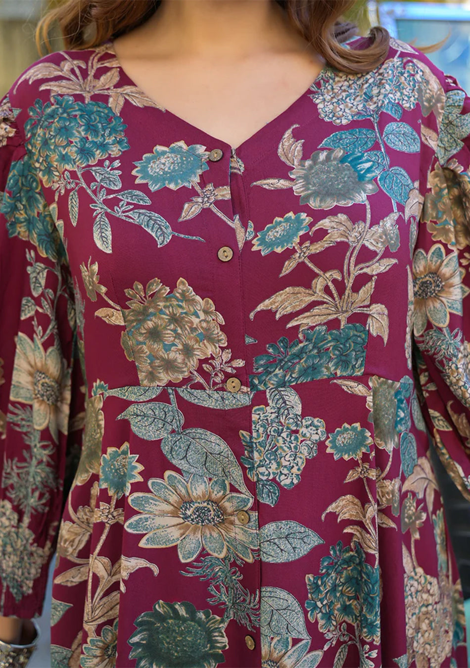 Maroon Floral Print Rayon Fabric Flared Long Dress