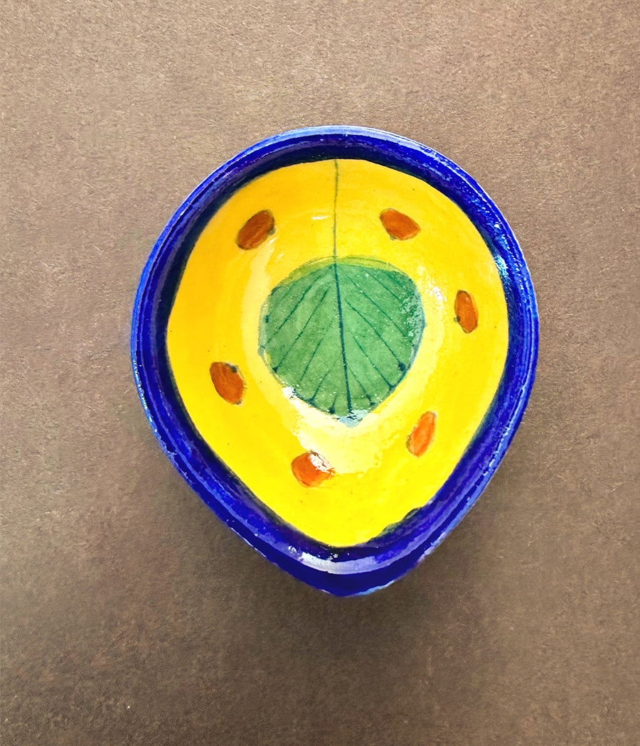 Blue Pottery Leaf Design yellow Diya - Set of 6