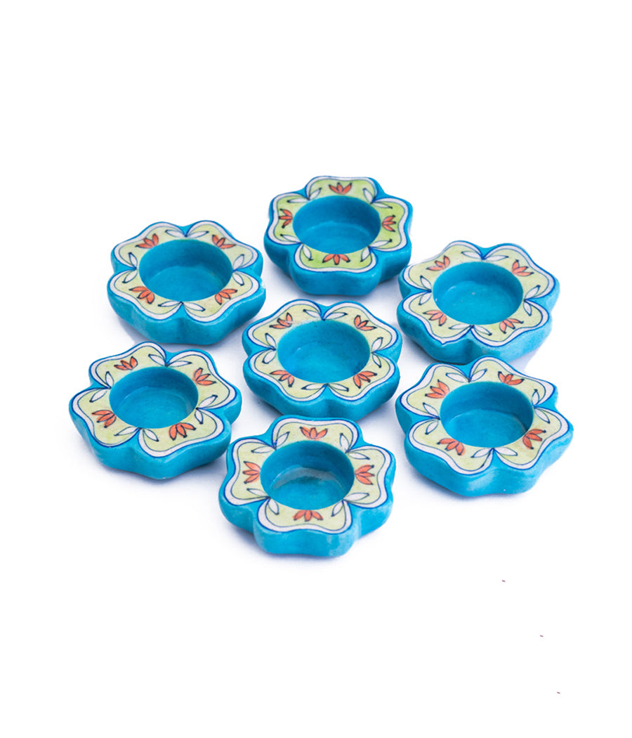 Blue Pottery Handmade Decorative Flower Diyas |set of 4