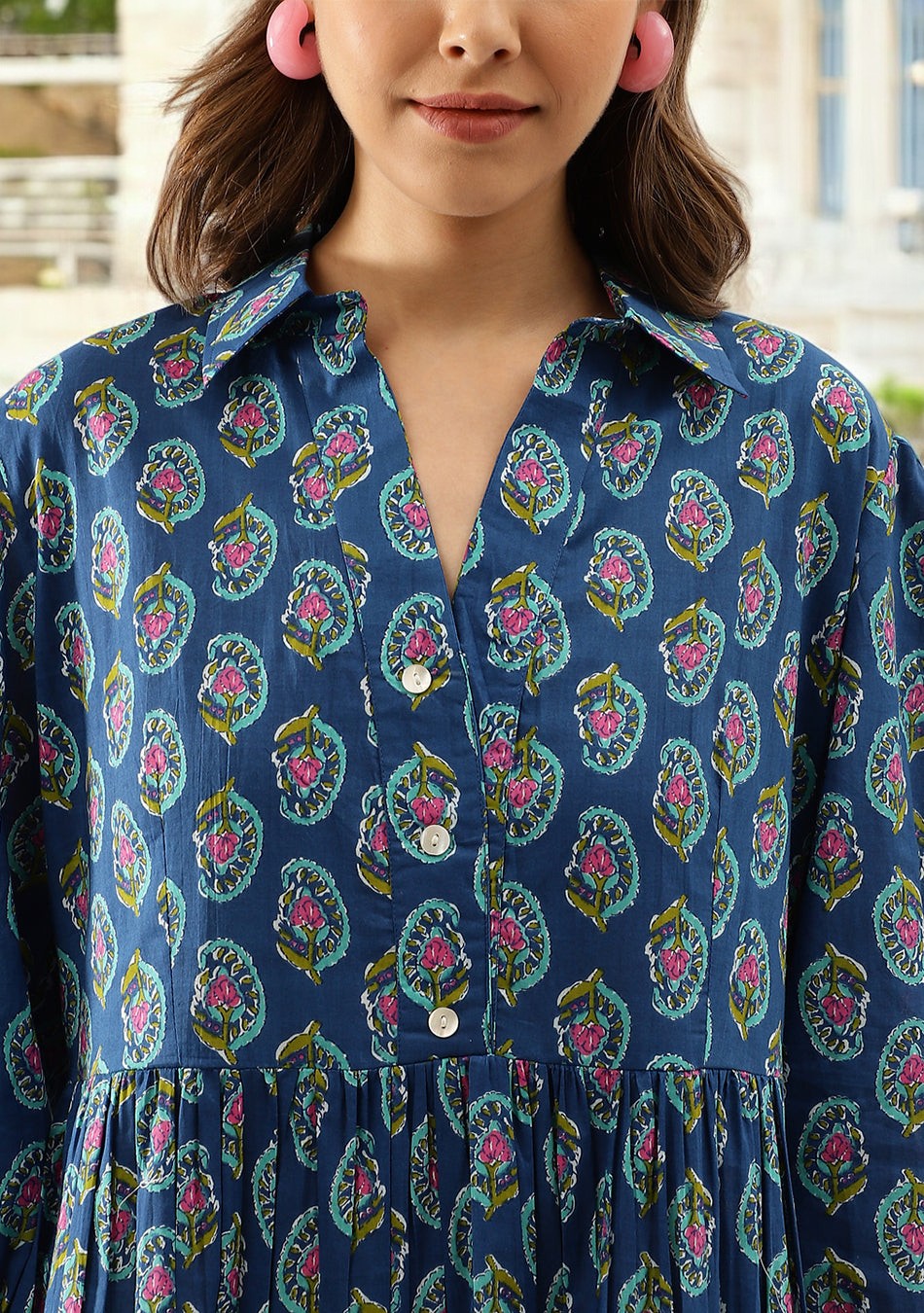 Blue Paisley Printed Cotton Dress for Women
