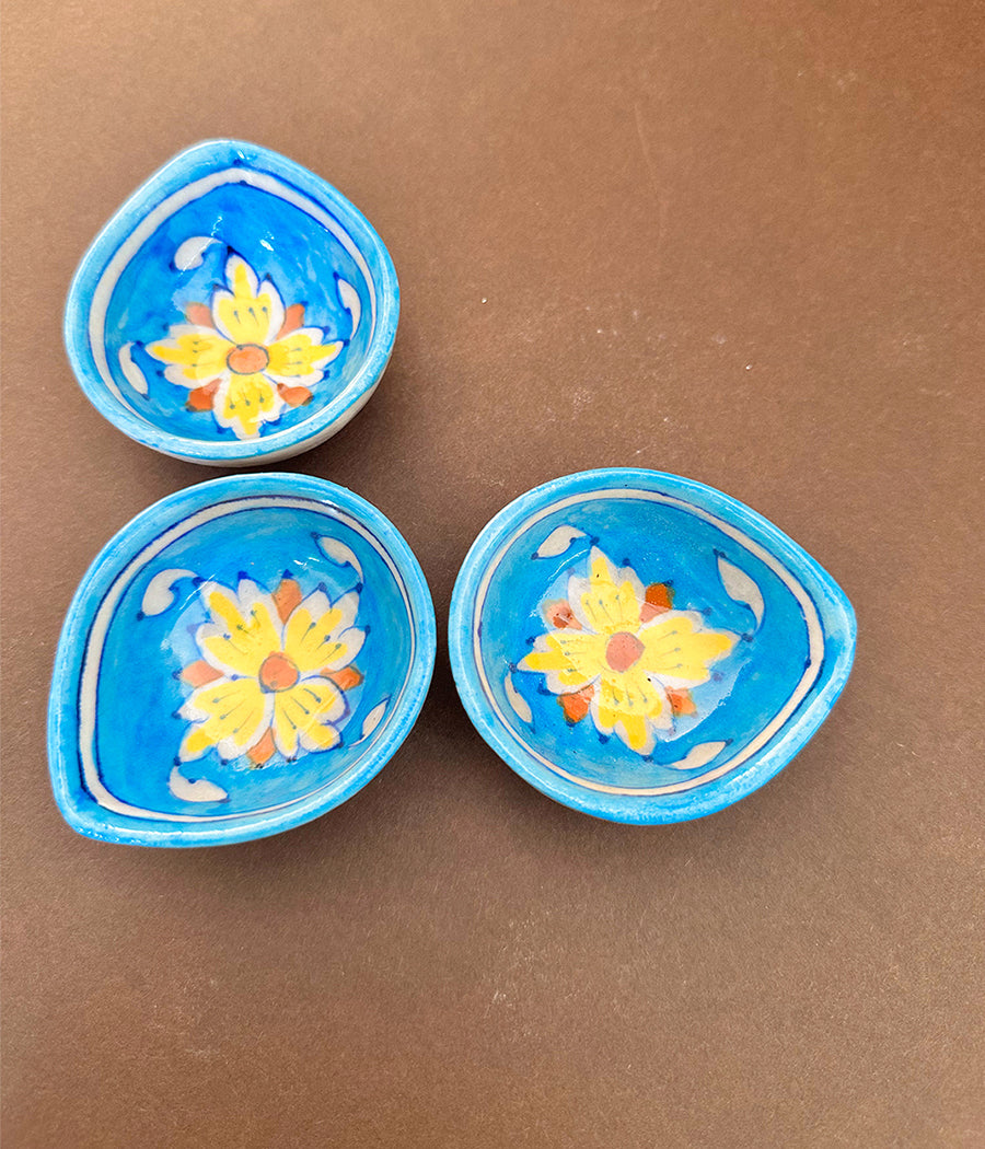 Blue Pottery Yellow Flower Diyas