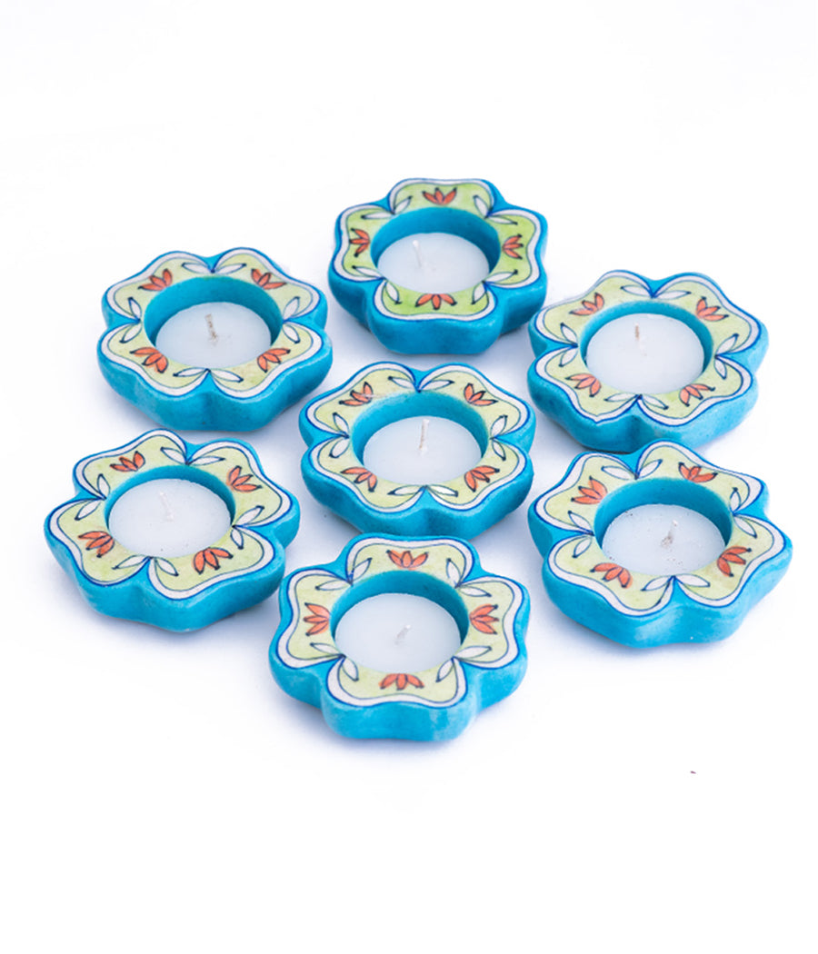 Blue Pottery Handmade Decorative Flower Diyas |set of 4