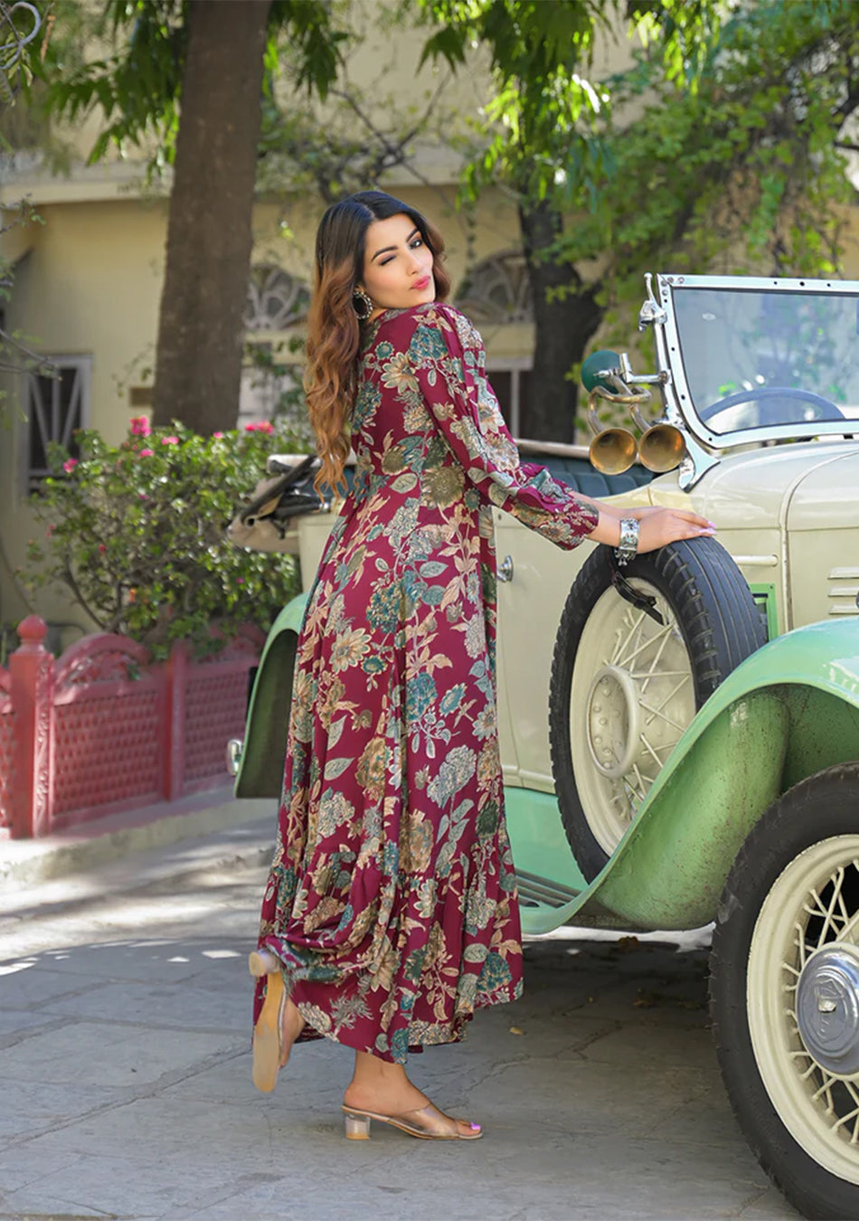 Maroon Floral Print Rayon Fabric Flared Long Dress