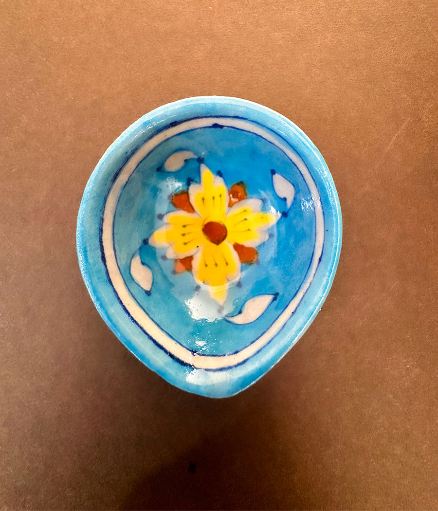 Blue Pottery Yellow Flower Diyas