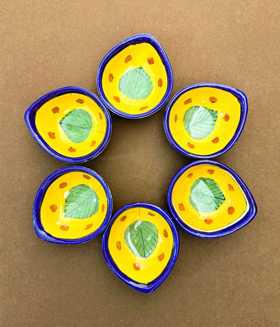 Blue Pottery Leaf Design yellow Diya - Set of 6