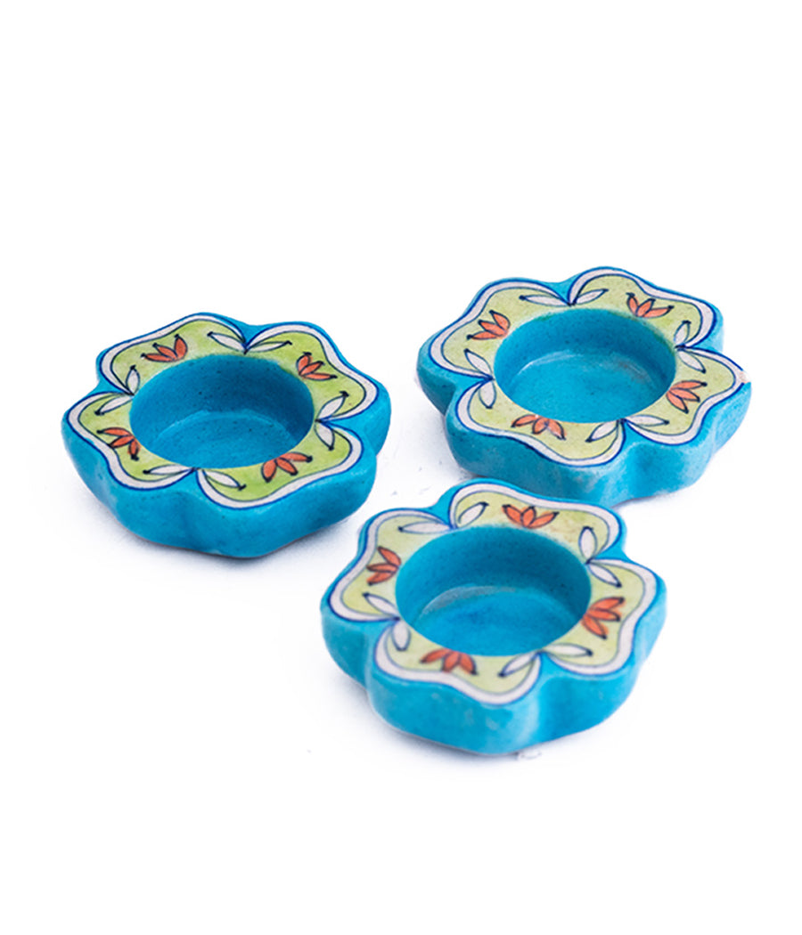 Blue Pottery Handmade Decorative Flower Diyas |set of 4