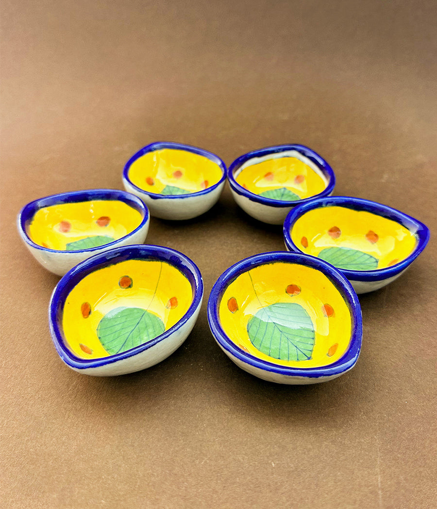 Blue Pottery Leaf Design yellow Diya - Set of 6