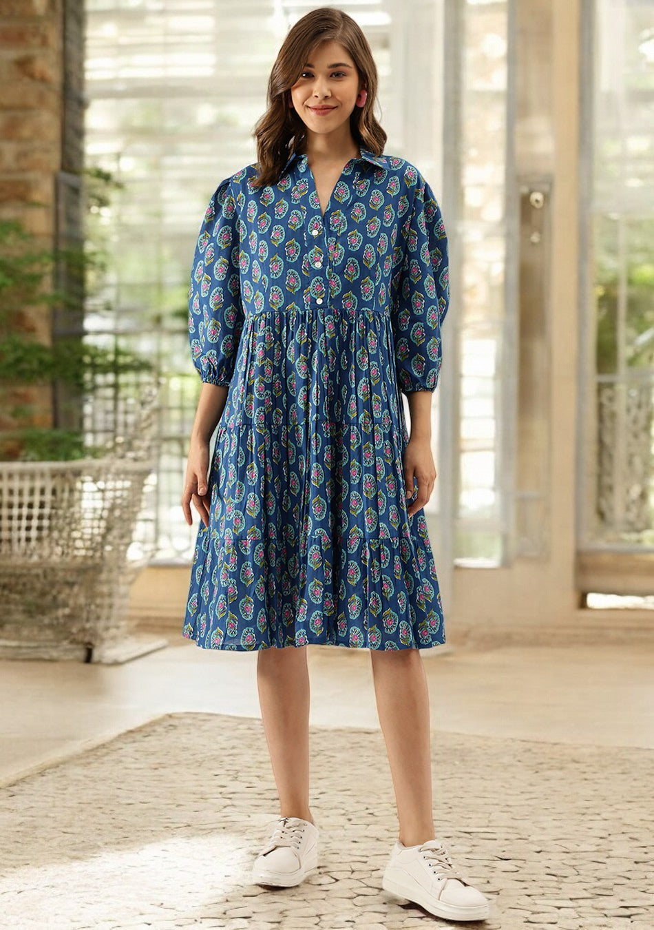 Blue Paisley Printed Cotton Dress for Women
