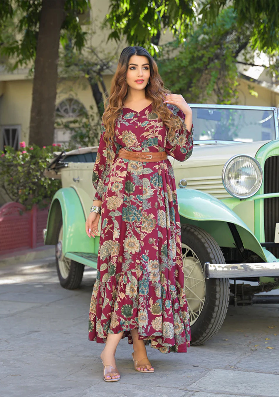 Maroon Floral Print Rayon Fabric Flared Long Dress