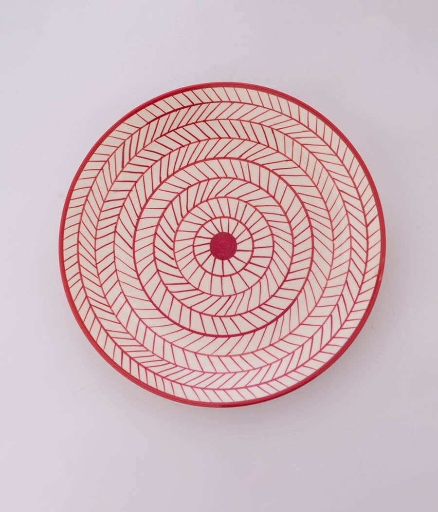 Strip Design White and Red Ceramic Platter, Set of 8